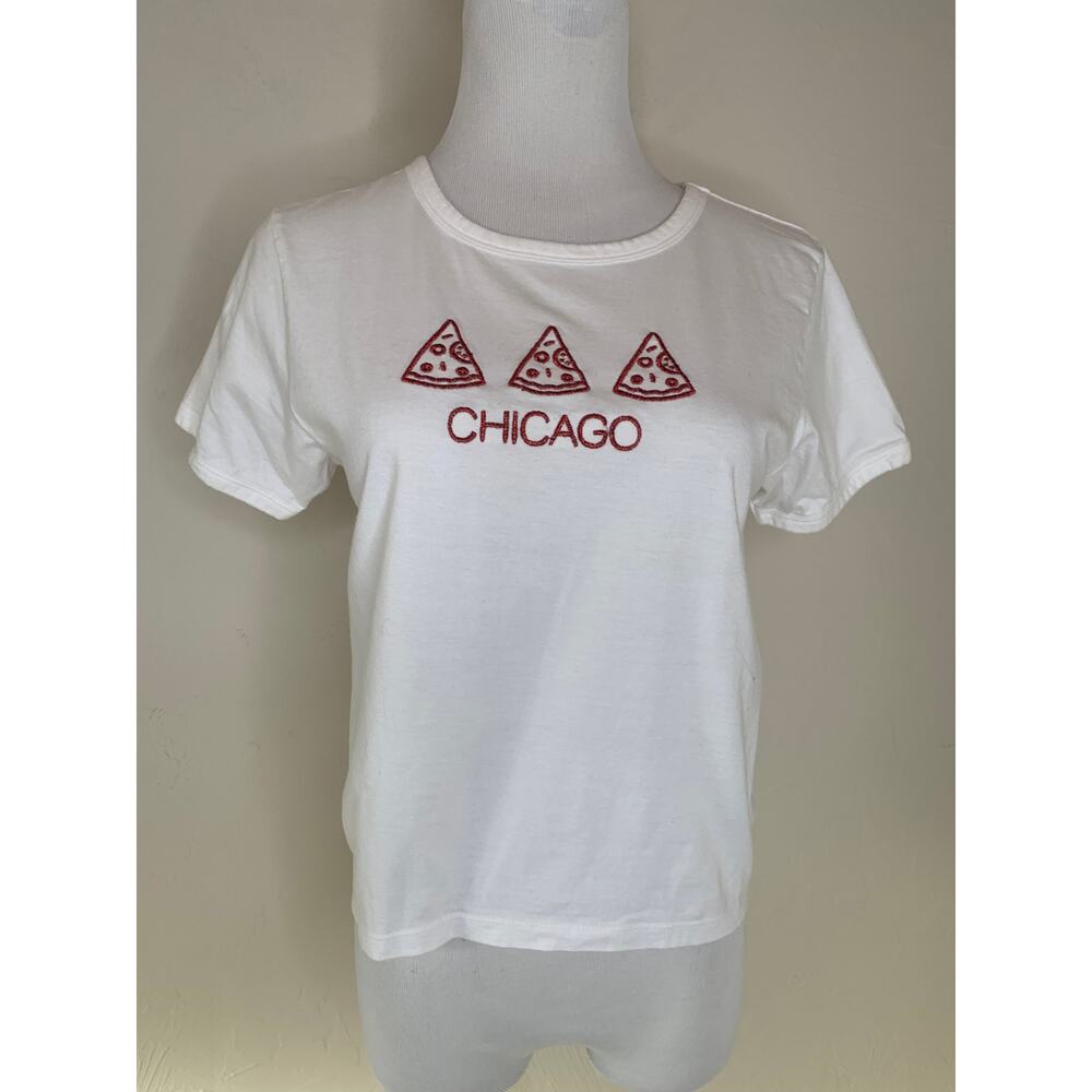 Chicago Pizza Embroidered Crop Top White Red Sz Small 100% cotton